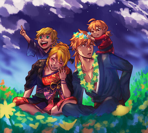 There's a whole story behind the husband and wife but for this one, I wanted to depict their family watching the sunrise. Flowers around them are in bloom on luscious foliage to signify a new chapter for their lives.