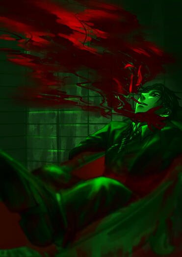 I wanted to depict a tired, cynical person who is haunted by his past deeds through soaking in the bathtub full of blood. A roundabout way of perceiving his wrongs' burdens, rather than running away, before redemption tempts him as the smoke in front.