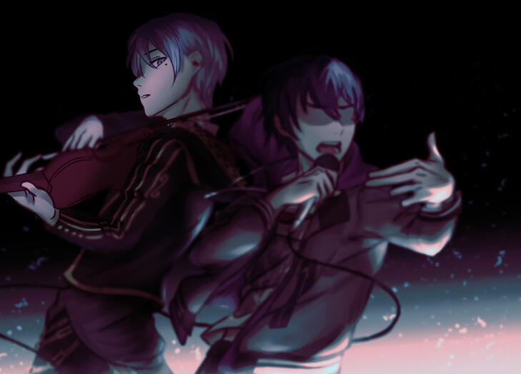 I depicted here two sides of the same person, divided between what his parents wanted for him (left) versus fighting for what he truly wants to do (right). I took advantage of the character's two-toned colored hair to emphasize my intention.
